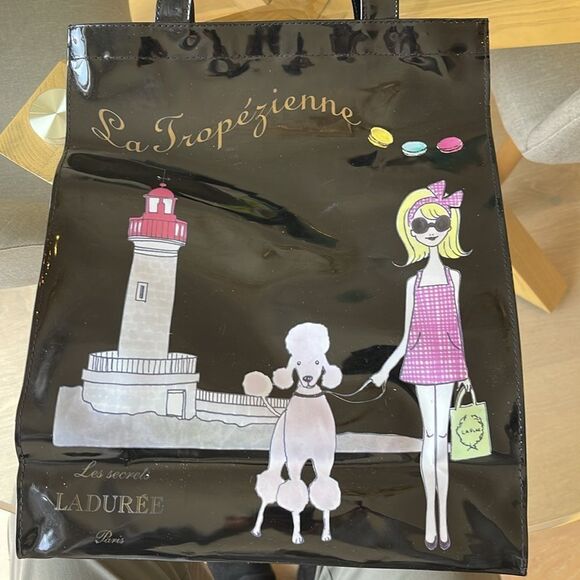 Rare Laduree Paris Black La Tropeziene Patent Leather Black Tote Bag. - Picture 2 of 6
